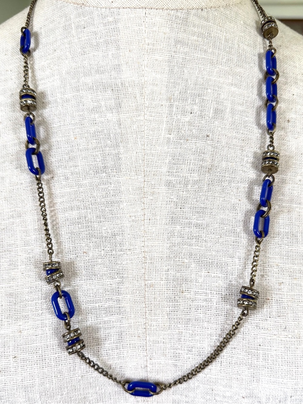 J. Crew Art Deco Style Long Blue Enamel Link Necklace with Rhinestone Rondelles